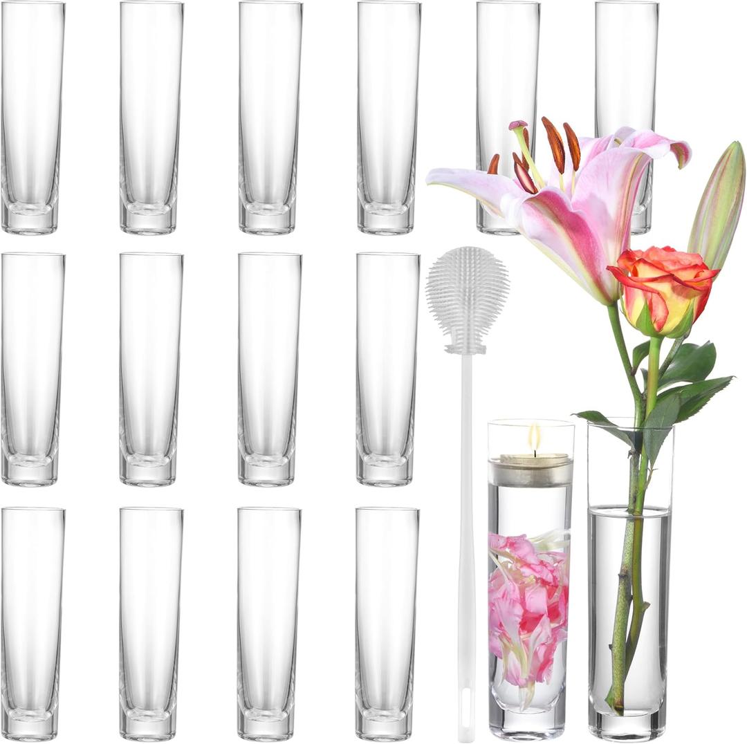 Glass Cylinder Vases for Centerpieces  Set of 16 Handmade Clear Flower Vase 7.48 Inches Tall,Wedding Table Decor for Single Rose Bud Vases,Small Vases Home Decor,Floreros,1 Brush