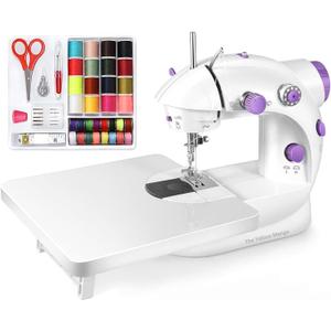 Mini Portable Sewing Machine, Basic Sewing Machine with Foot Pedal, Stitching Machine For Children 10pcs Sewing Kit, Dual Threads Electric Tacking Machine for Beginners (With Table + Kit)