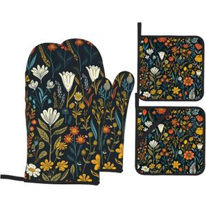 Vintage Flowers Oven Mitts and Heat Resistant Pads - Heat Resistant Gloves Potholder Set of 4 for Cooking, BBQ, Gifts for Women