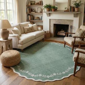GarveeHome Scalloped Round Area Rugs 8ft for Living Room, Large Sage Green Washable Circle Rug Soft Non Slip Floral Print Floor Mat Carpet Indoor Thin Rug for Bedroom Dining Room Playroom Nursery