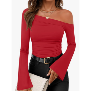 ZESICA Women's Off Shoulder Tops Bell Long Sleeve Shirts 2025 Fall Trendy Going Out Ruched Tight Fitted Y2K Clothes, M, Red