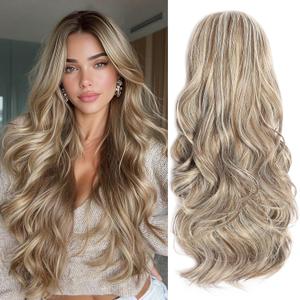 Half Wig Long Wavy highlights Wig 3/4 Full Head 24 Inches Curly Half Wigs Clips in on Synthetic Hair Extensions Hairpieces for Women Quick Weave Self Styled in 60 Seconds Half Wigs