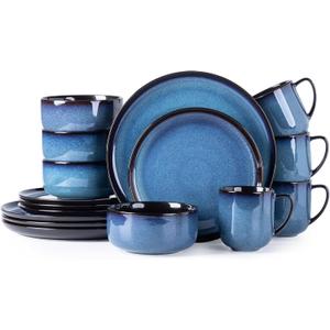 LERATIO Ceramic Dinnerware Sets for 4,16-PieceReactive Glaze Plates and Bowls Set with Mugs,Highly Chip and Crack Resistant | Dishwasher,Microwave & Oven Safe Dishes set-Blue