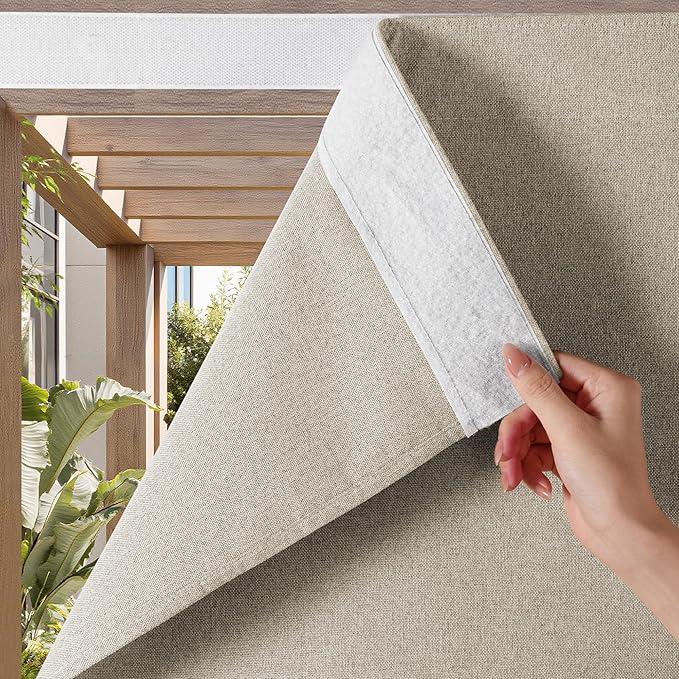 NICETOWN 100% Blackout Linen Outdoor Curtains for Patio, Waterproof & Windproof Gazebo Curtains Sticky-Back Top & Back Tab Bottom, Sun Shades with 2 Straps & Rope, W52 xL84, Natural, 2 Panels