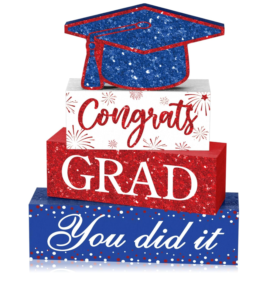 Cinnvoice 4 Pcs Graduation Table Decor 2026 Congrats Grad Centerpiece Class of 2026 Wood Sign Graduation Tiered Tray Decor Farmhouse Congratulate Gifts for Home Shelf Party Decorations(Red Blue)