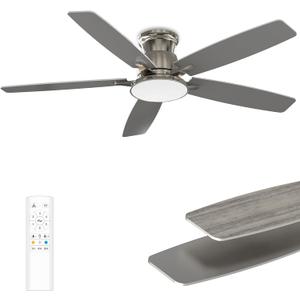Flush Mount Ceiling Fan with Light, 52 Inch, Remote Control, 3CCT Dimmable LED, 6-Speed Silent Reversible DC Motor, Low Profile Hugger Ceiling Fan for Indoor/Outdoor 90-264V 50/60Hz Brushed Nickel