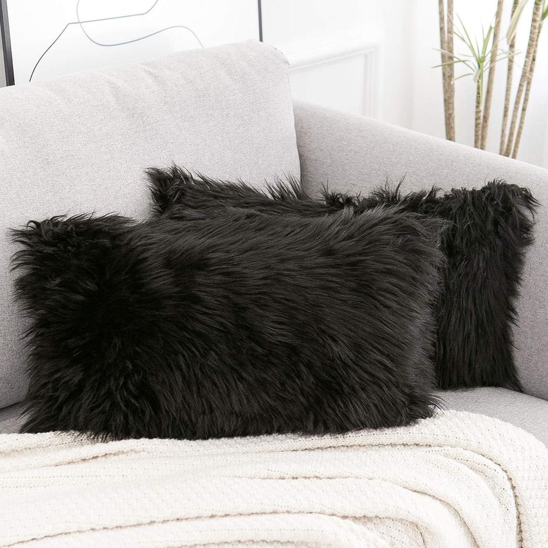 WLNUI Set of 2 Lumbar Black Decorative Pillow Covers New Luxury Series Merino Style Faux Fur Fluffy Throw Pillow Covers Fuzzy Cushion Case 12x20 Inch
