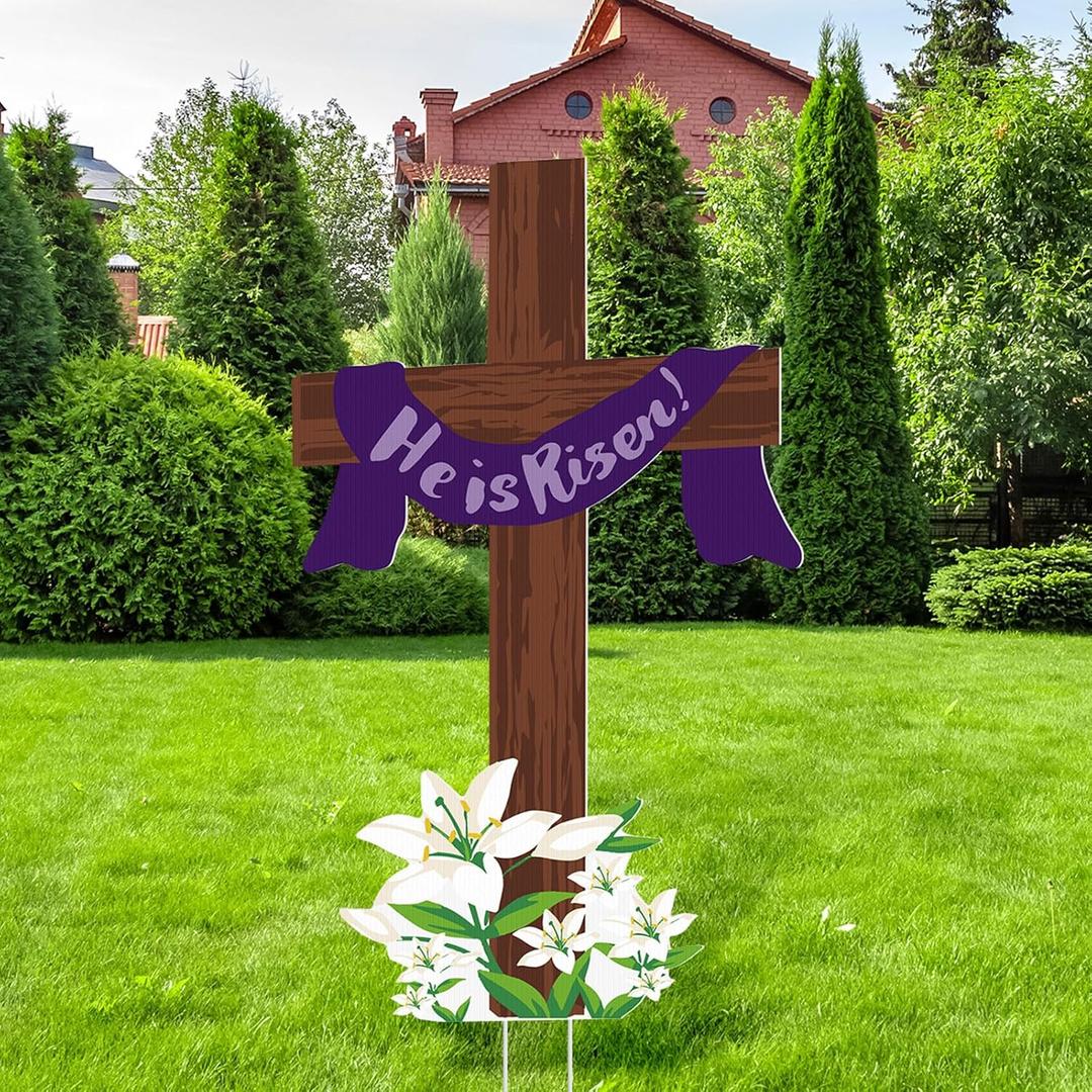 Easter He Is Risen Sign for Yard 3ft Easter Outdoor Decorations Signs Religious Inspirational Cross Waterproof Signs with Stakes Christian Home Garden Lawn Decor Party Supplies