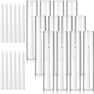 12 Pcs 2.5"W x 14"H Hurricane Candle Holders Set, Open Ended Clear Glass Hurricane Candleholders with 12 Pcs Taper Candles, Hurricane Candle Tubes, Bottomless Cylinder Candle Holder for Candles