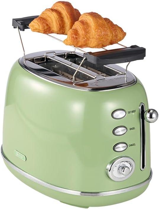 Wiltal Toaster Retro 2 Slice, Vintage Green Toaster with Lid, with Bread Attachment, Preheat, Defrost And Cancel Functions, 6 Browning Levels (Green)