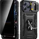 VEGO for iPhone 17 Pro Max Case, with Slide Camera Cover & Privacy Tempered Glass Screen Protector & Ring Kickstand Military Grade Heavy Duty Protection Cover for iPhone 17 ProMax - Black
