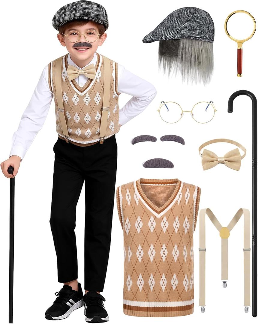 Old Man Costume for Kids Boys 100 Days of School Costume Dress Up Grandpa Costume Outfits for Halloween (5-7 Years, Brown)