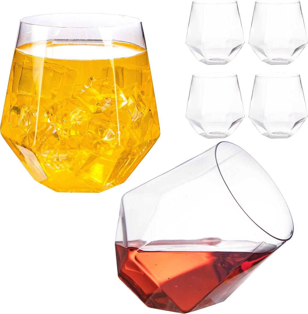 LUODA 32 Pack Clear Stemless Wine Glasses - 12 Oz Clear Plastic Diamond Glasses For Wine, Whiskey and Cocktails