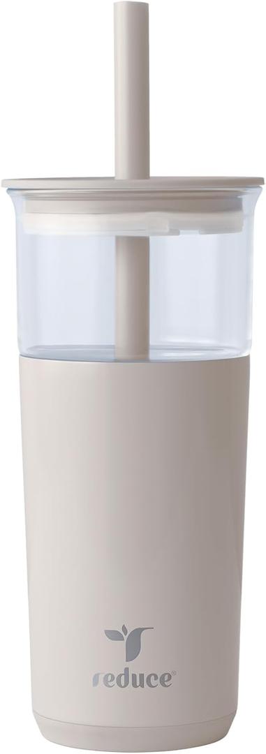 REDUCE Aspen 20 oz Vacuum Insulated Glass Tumbler with Lid & Extra Wide Straw - Keeps Drinks Cold for 12 Hrs - Ideal for Iced Coffee, Smoothies & Boba - Dishwasher Safe, Soft Base
