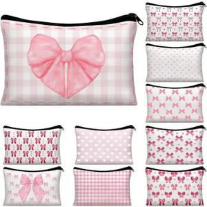 10 Pcs Pink Bow Makeup Bag Coquette Pink Bow Cosmetic Bag for Women Bow Themed Travel Zipper Pouch Coquette Party Favor for Birthday Christmas Graduation
