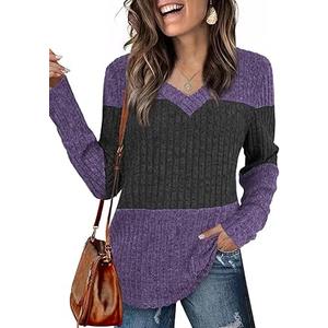 Womens Tops Fall Fashion Sweatshirts for Women V Neck Long Sleeve Sweaters Lightweight Dressy Casual Pullover Purple, Small