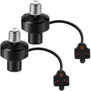 Enhon 2 Pcs 3 in 1 Light Socket Outlet Adapter, E26 Light Socket to Plug Adapter with Extension Cord, 3 Prong Bulb Outlet Converter for Indoor Outdoor Garage, Porch, Patio, Camera, LED Strip (Black)
