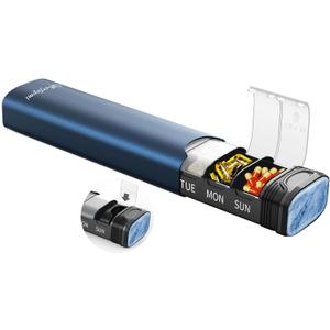 Metal Weekly Pill Organizer, Serfeymi Aluminum Daily Pill Box(Spare Gasket Provided),7 Day Pill Case Travel Medicine Organizer,Pill Containers with Individual Lid for Vitamins,Pills, Supplement-Blue (With Lid 6.5in*2in*1.3in)