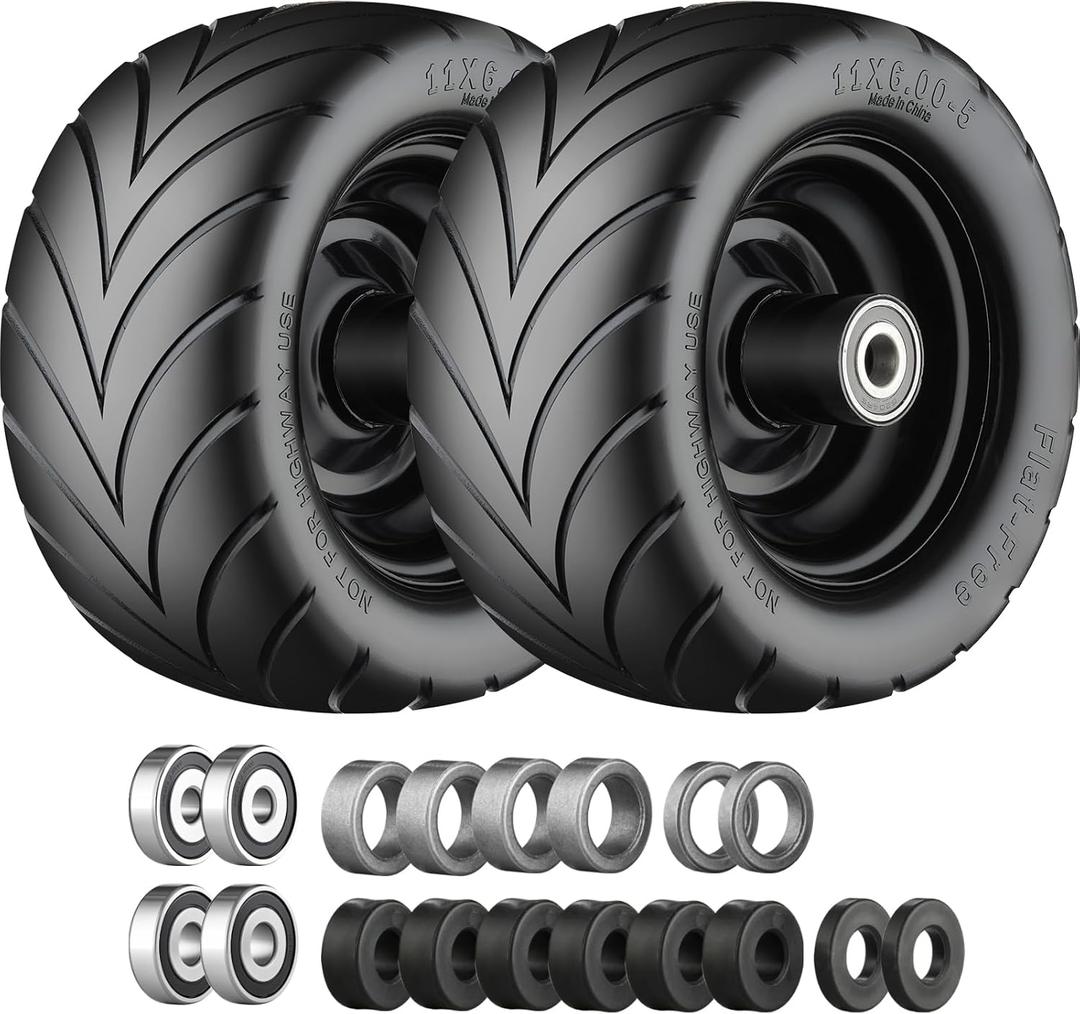 11x6.00-5 Flat Free Tire with Chevron Tread, Zero Turn Lawn Mower Tires with 3/4" or 5/8" and 1/2" Bearings, 5.2"-8.3" Centered Hub,11x6.00-5 Tires for Zero Turn Mower Black Rim - 2Pack