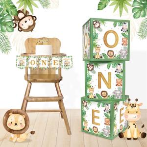 Wild One Birthday Decorations Boxes with Letters and ONE Banner Sets Jungle Safari Animal Theme Blocks for Kids Boys First 1st Birthday Party Supplies