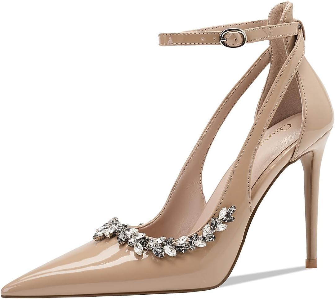 Qunvngutui Women's Pointed-Toe Bag-Toe Strappy High-Heeled Shoes Sexy Stiletto Pumps Nude Rhinestones US8