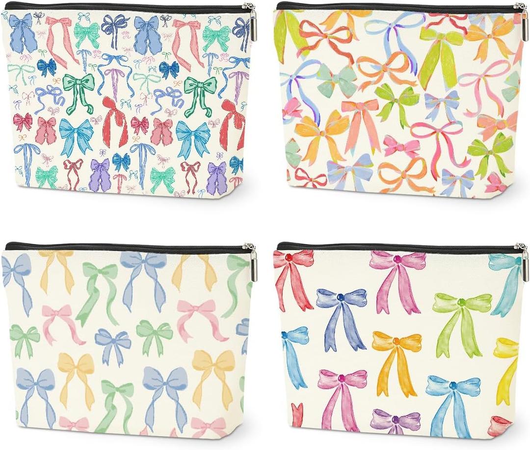 4 PCs Bow Stuff Makeup Bag Coquette Stuff Cosmetic Bag, Bow Gifts for Women Teen Girls Best Friends Daughter Bestie Niece, Cute Bow Stuff Christmas birthday Gifts Zipper Pouch Toiletry Bag