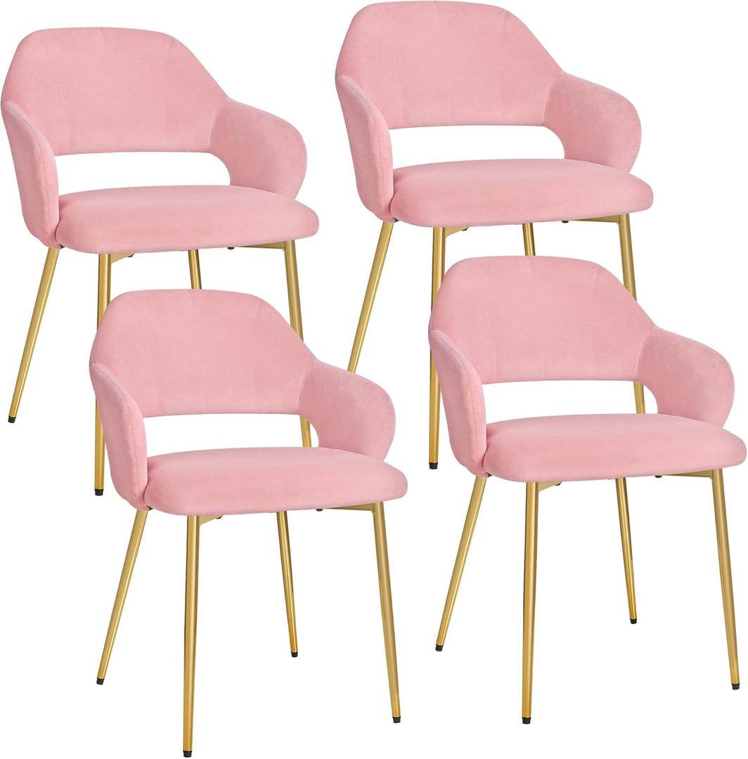 VECELO Velvet Dining Chairs Set of 4, Modern Upholstered Kitchen Chairs with Cushion, Padded Backrest and Metal Legs, Pink