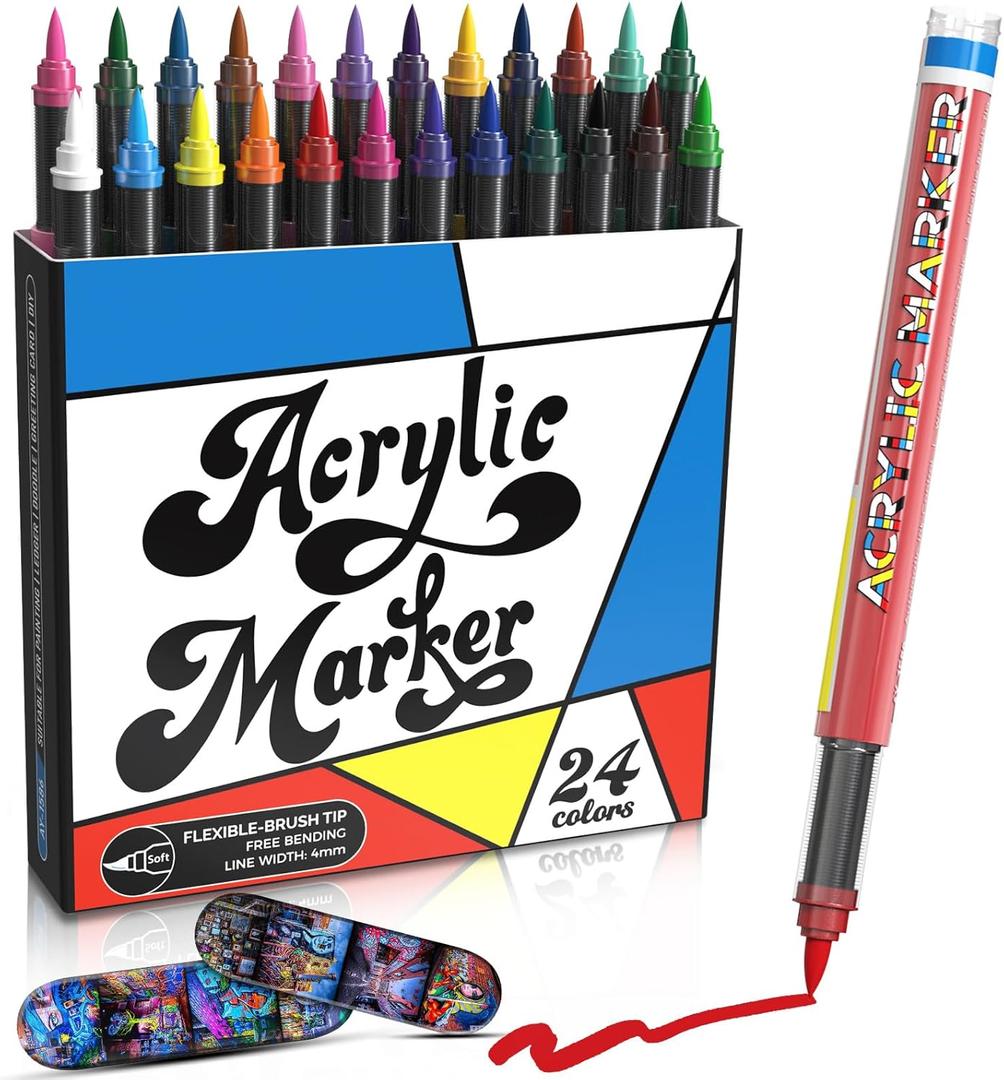 alchilalart Acrylic Paint Markers, 24 Color Fine Tip Permanent Acrylic Paint Pens For Rock Painting, Canvas, Wood, Glass, Ceramic, Fabric, Plastic, Egg, Scrapbook, Art Painting Supplies Kit