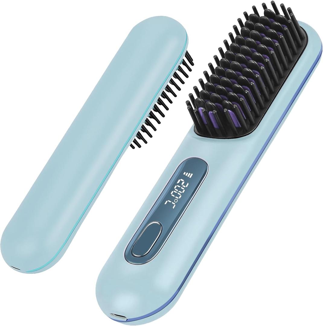 Numoya Go Brush Pro - Cordless Hair Straightener Brush Portable Comb for Travel, USB Charging, Fast Heating, with LCD Display (Blue)