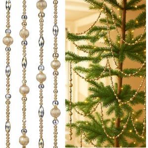 24 Feet Exquisite Christmas Tree Decor Acrylic Beads Xmas Tree Garland Multicolor Glitter Hanging Bead Decorations Garland for Trees Indoor Outdoor Home Decor Use(Gold)