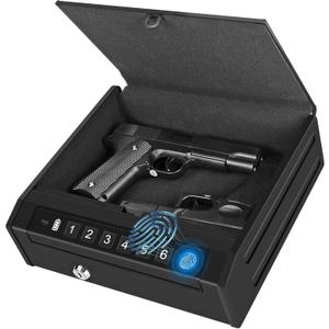 Gun Safe for Handguns, Biometric Pistol Safe, Fingeprint Gun Lock Box for Car, Bedside, Nightstand- Upgraded Keypad/Key Access,Silent Mode,Rugged Construction,Auto Open Lid (Black)