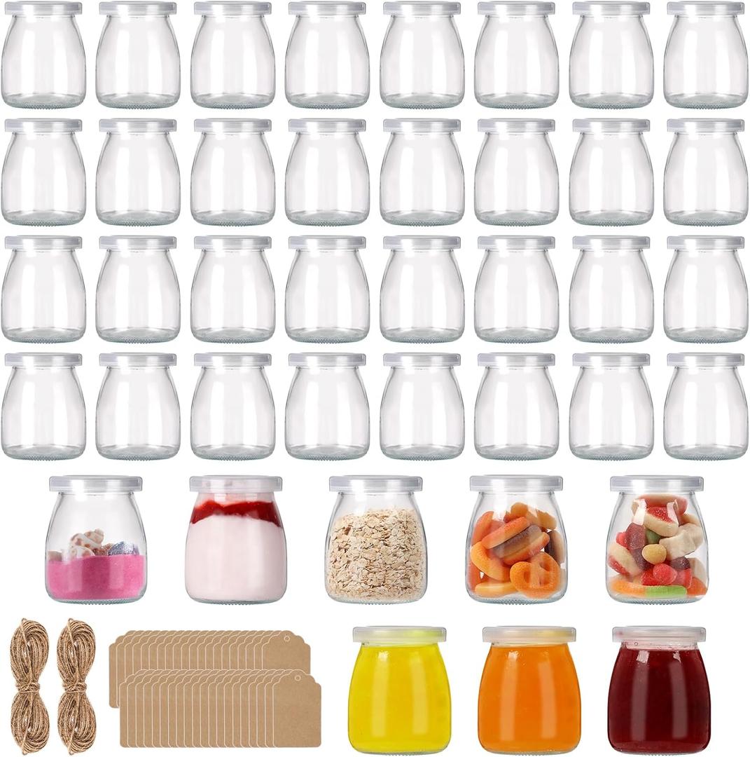 6.7oz Small Glass Jars 40Pack, Clear Glass Pudding Jars with PE Lids and Tags, Spice Jars/Glass Jelly Jars/Yogurt Jars/Candle Containers/Small Jars with Lids (Set of 40)