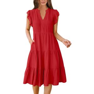 ANRABESS Womens Summer Dress Ruffle Sleeve V Neck Midi Dresses Fashion Casual Fit Flowy Tiered Boho Beach Vacation Sundress (Medium)