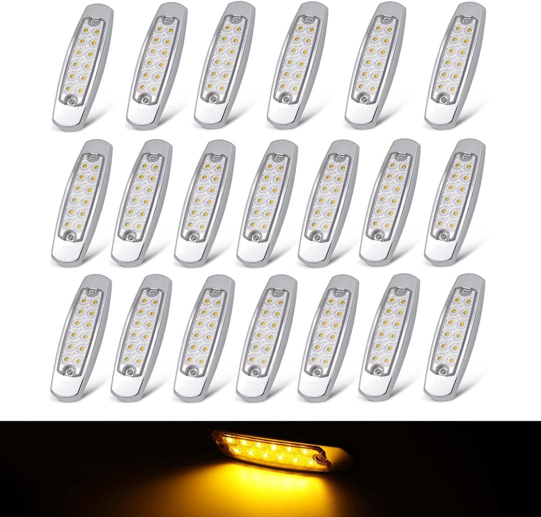 TMH 20 Pcs 6.5 Inch Clear Lens Amber Side Marker Lights Sealed Surface Mount 12 LED with Chrome Bezel for Caravan Trailer RV Truck Bus Lorry Flatbed Pickup 12V DC BB12