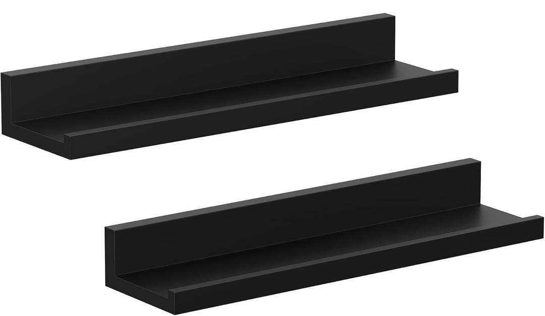 SONGMICS Floating Shelves, Set of 2 Wall Shelves, 15-Inch Wide, for Photo Frames and Trinkets, for Living Room, Home Office, Kitchen, Bathroom, Black ULWS38BK