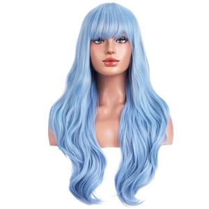 BERON Light Blue Wig with Bangs Long Wavy Wig Light Blue Wavy Wigs for Women Daily Party and Cosplay with Hairnet