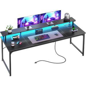 PRAISUN 63 inch Gaming Desk, LED & Power Outlets, Monitor Stand, Black