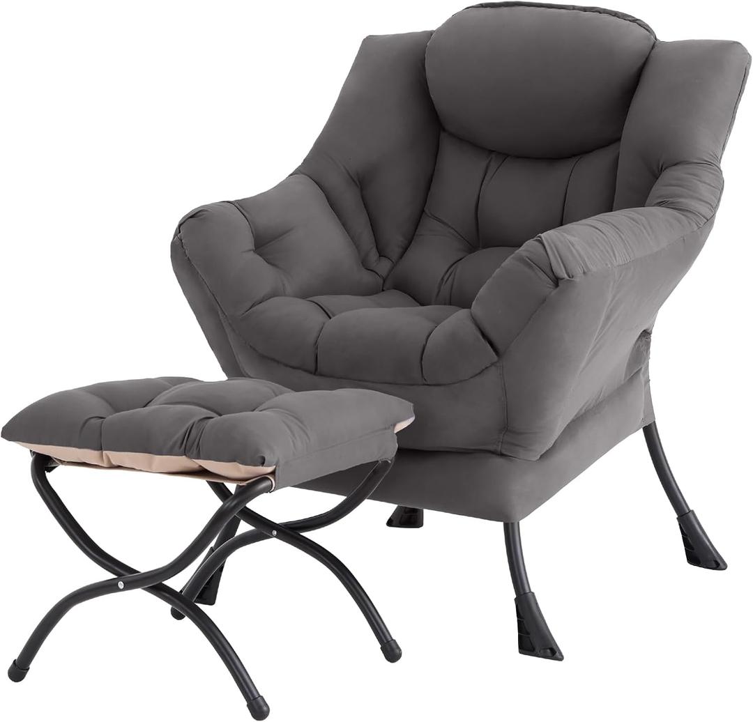 Tiita Lazy Chair with Ottoman, Modern Large Accent Lounge Chair, Leisure Sofa Armchair with Ottoman, Reading Chairs with Footrest for Bedroom, Living Room, Dorm Rooms, Garden (Dark Grey)