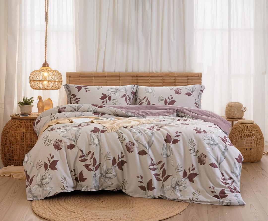 SLEEPBELLA Comforter King Size, 600 Thread Count Cotton Burgundy Botanical with Grey Floral Pattern Pink Reversible Comforter Set,Down Alternative Bedding Set 3Pcs(King, Burgundy Botanical)