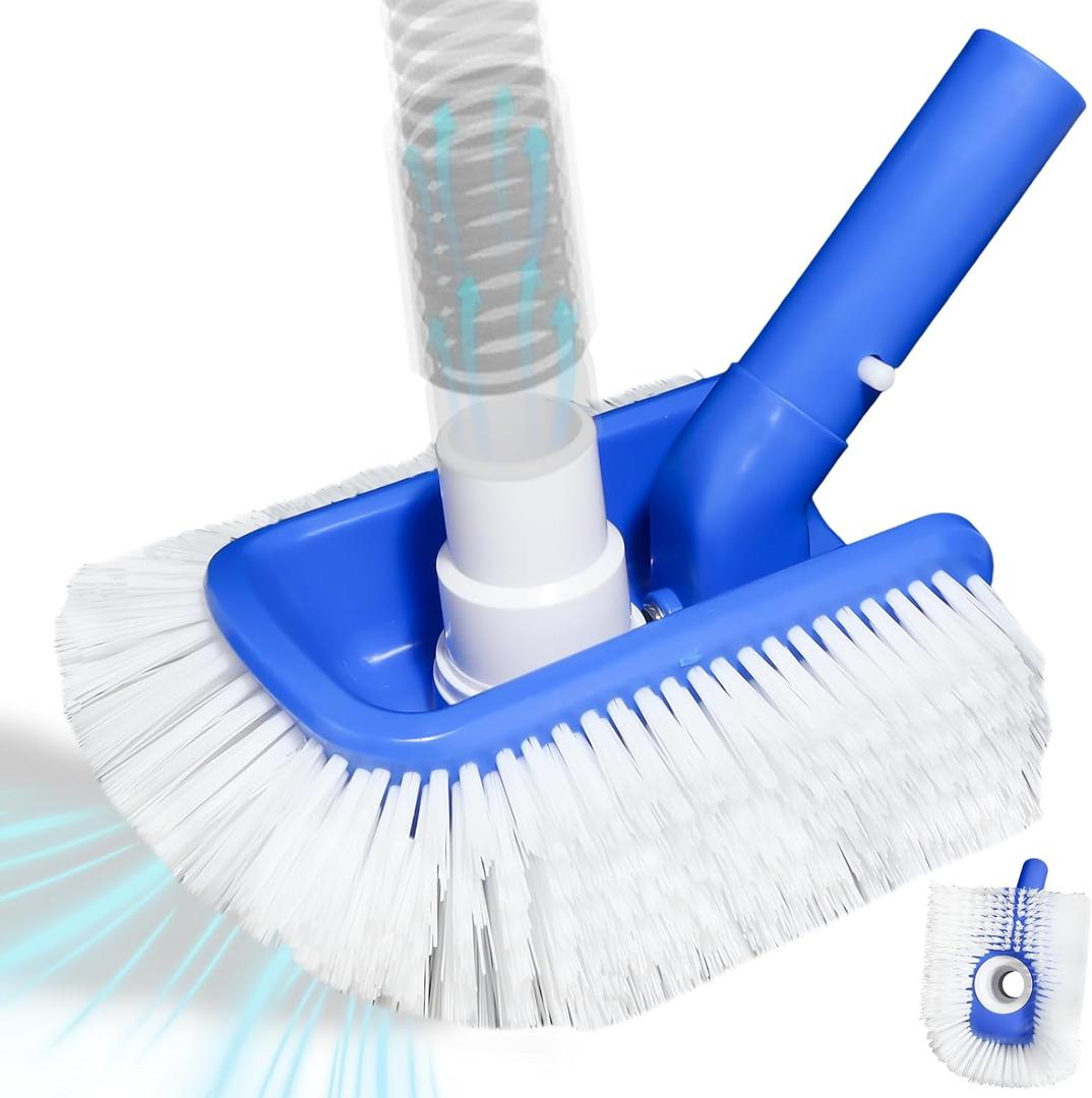 Pool Brush Head with Pool Vacuum Head for Inground & Above Ground Pools, Round Heavy Duty Scrubber Pool Broom Cleaning Nylon Brush with 1/4" or 1/2" Swivel Hose Connection, No Pole (Blue)