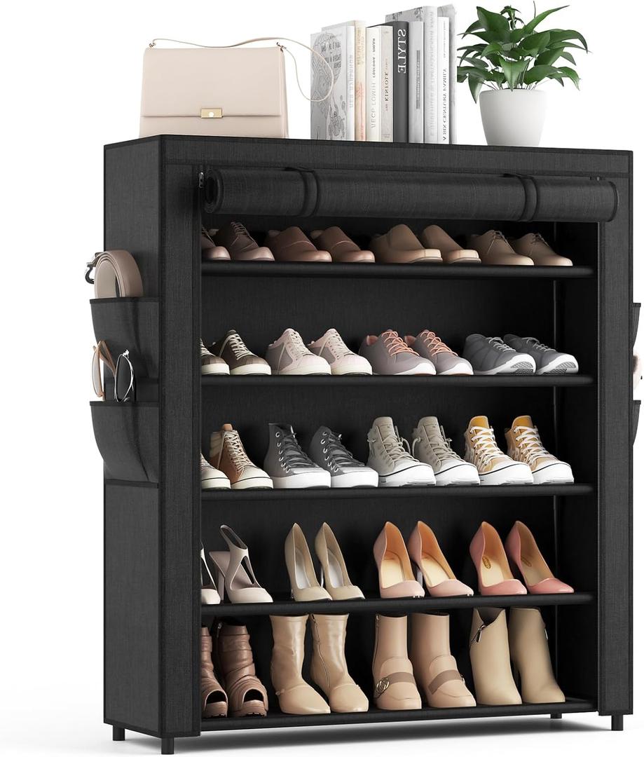 Shoe Rack with Cover, 5 Tier Shoe Organizer Storage for 20-24 Pair Shoes and Boots Large Shoe Storage Shelf Space Saving Vertical Shoe Rack for Closet, Front Door Entrance, Dorm, Garage (Black)
