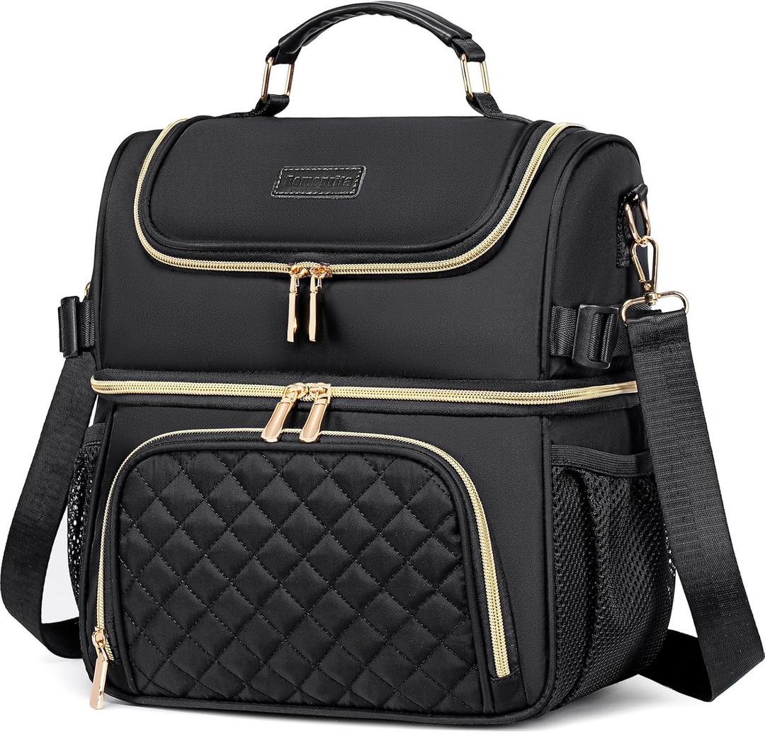 Lunch Bags for Women, Dual Compartment Lunch Box Lunch Bag for Work, Leakproof Lunch Cooler Large Insulated Lunchbox for Adult for Women Men, Lunchbag for Picnic Beach (Black)
