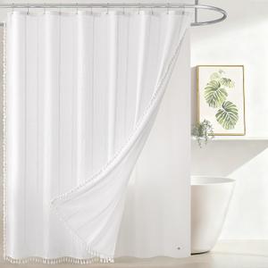 downluxe Linen Texture 3 in 1 Farmhouse Shower Curtain Set with Tassel, Boho Fabric Shower Curtains for Bathroom, White, 72W x 72L