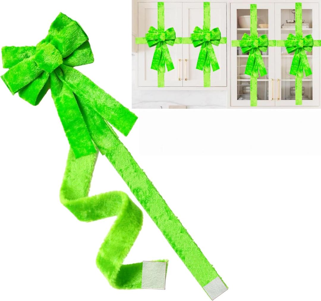 Meseey Christmas Cabinet Bows, Green Furry Ribbons, Holiday Door Decorations, Xmas Party Supplies (8, Green Fur)