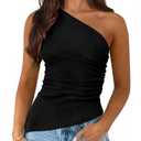 PRETTYGARDEN Womens 2025 Summer Y2K Tops Sleeveless One Shoulder Slim Fit Shirts Ruched Knit Asymmetrical Top Blouse XS