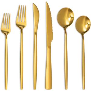 Astercook 24-Piece Gold Silverware Set with Steak Knives Flatware Set for 4 Food-Grade Stainless Steel Cutlery Set Mirror Polished Utensils Set Include Spoons and Forks for Home Kitchen Restaurant