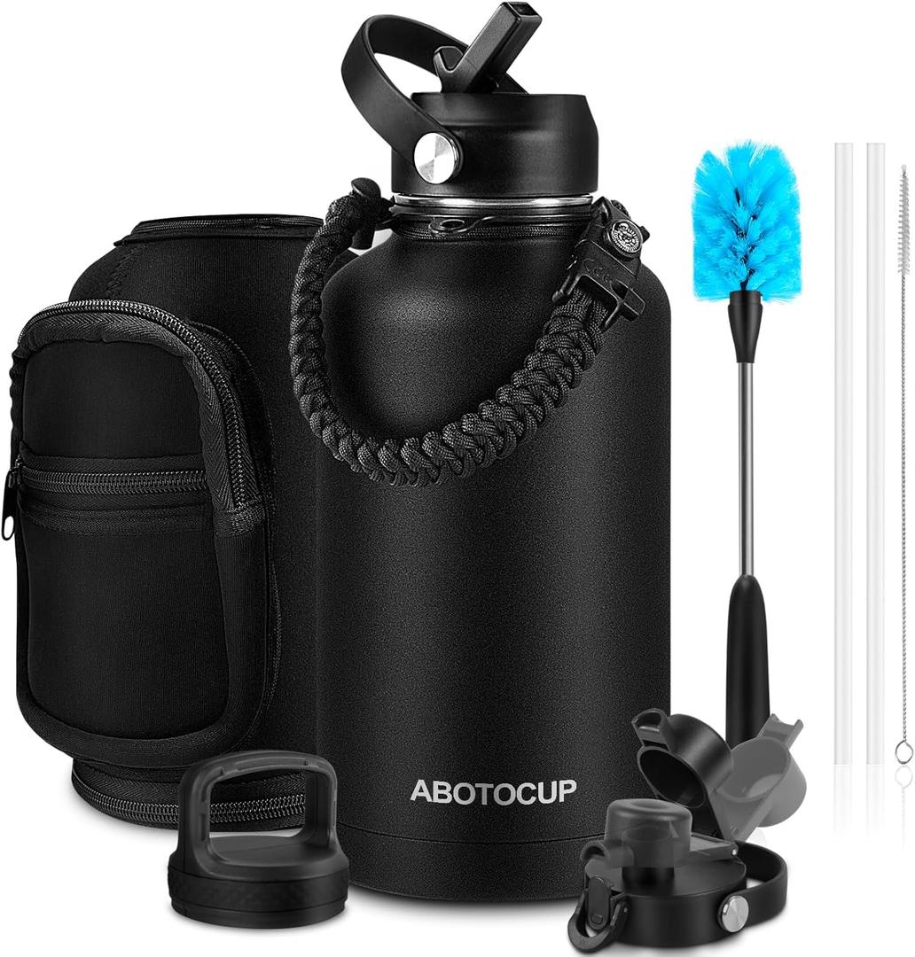 ABOTOCUP 64oz Water Bottle with Powder Coated, Stainless Steel Insulated Water Bottle with Straw Lids&Paracord Handle, Half Gallon Water Bottle Double Wall Leak-proof BPA Free, Water Jug Keep Cold&Hot