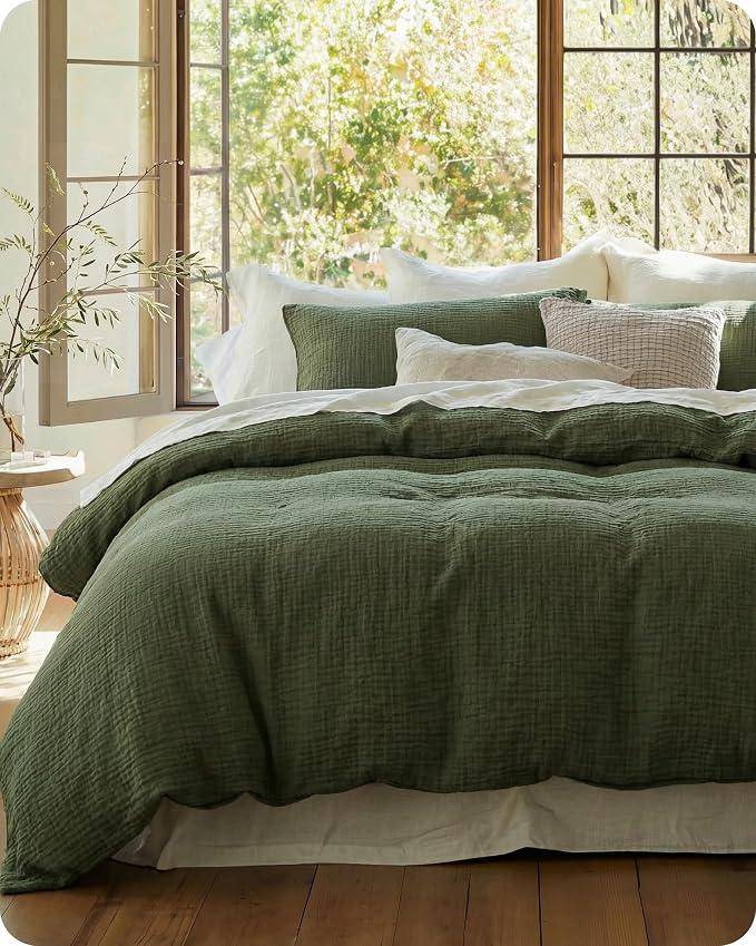 Bedsure 100% Muslin Cotton Duvet Cover King Size - Ultra-Soft Gauze Duvet Cover, PureWoven Breathable & Lightweight Bedding Set with Zipper Closure and Corner Ties (Olive Green, King, 104"x90")