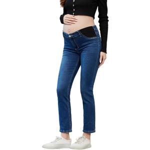 Women's Maternity Jeans Slim Side Stretchy Straight Leg Pregnancy Petite Denim Pants with Pockets (Dark Blue)
