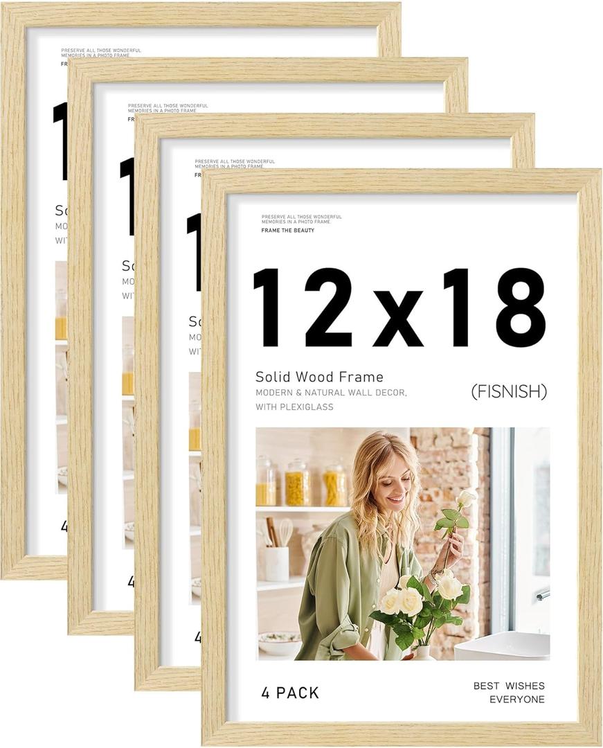 12x18 Picture Frame Set of 4, Natural Solid Wood Picture Frames, Display 12x18 Photos without Mat, Horizontal or Vertical Wall Mounting Poster Frame, Oak Wood Grain